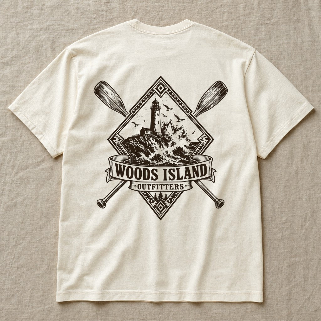 Lighthouse crest on the back of an ivory Woods Island Outfitters tee