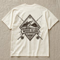 Brook Trout crest on the back of an ivory Woods Island Outfitters tee
