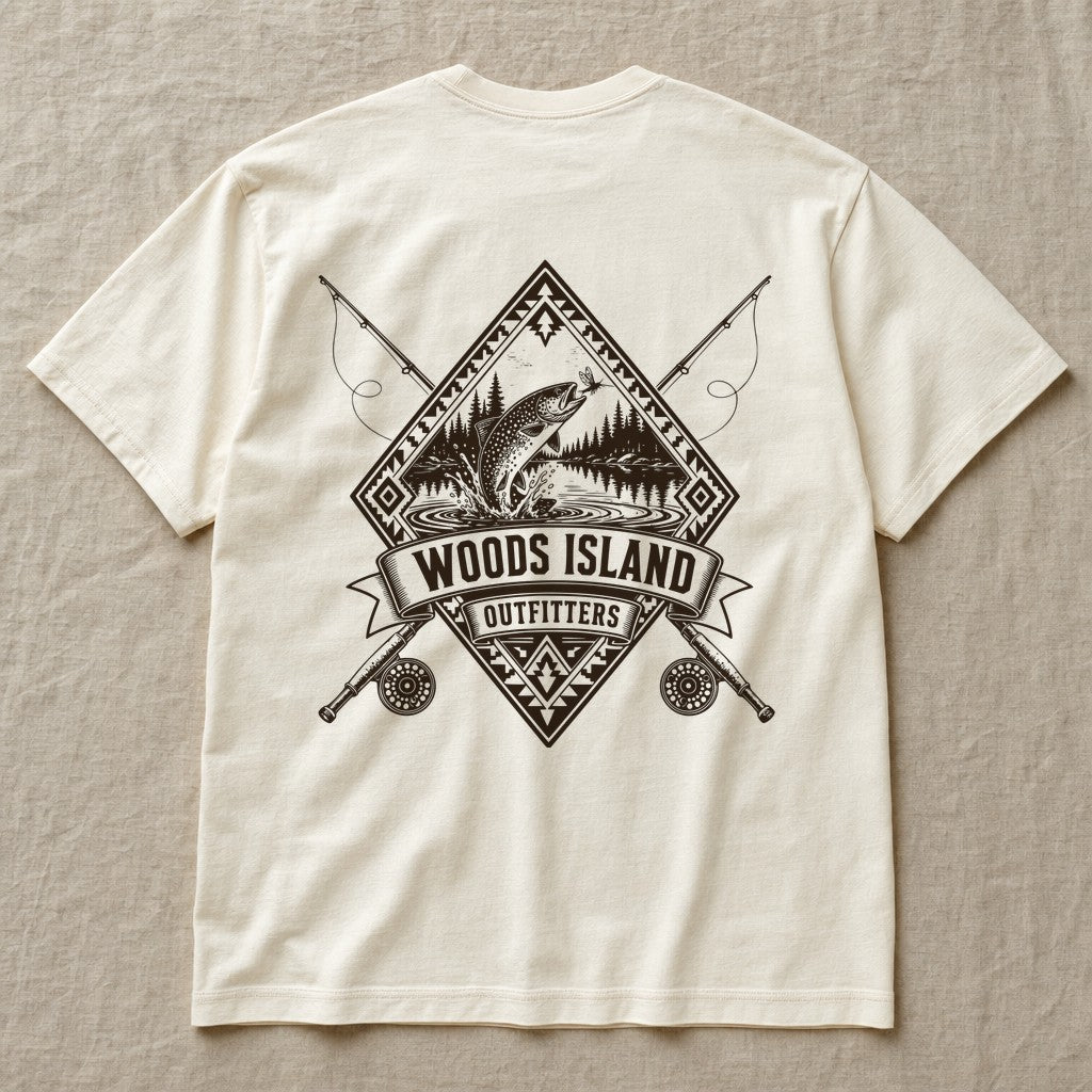 Brook Trout crest on the back of an ivory Woods Island Outfitters tee