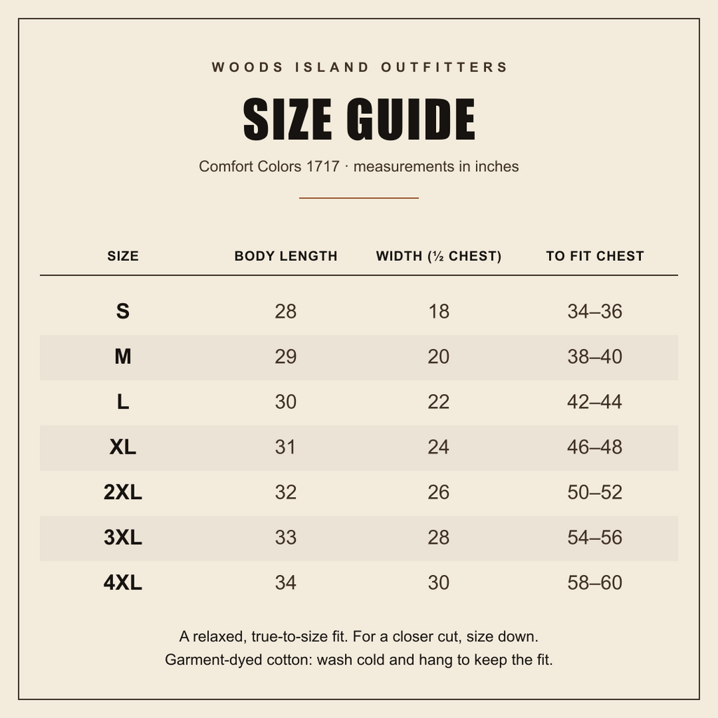 Woods Island Outfitters size guide for the Comfort Colors 1717