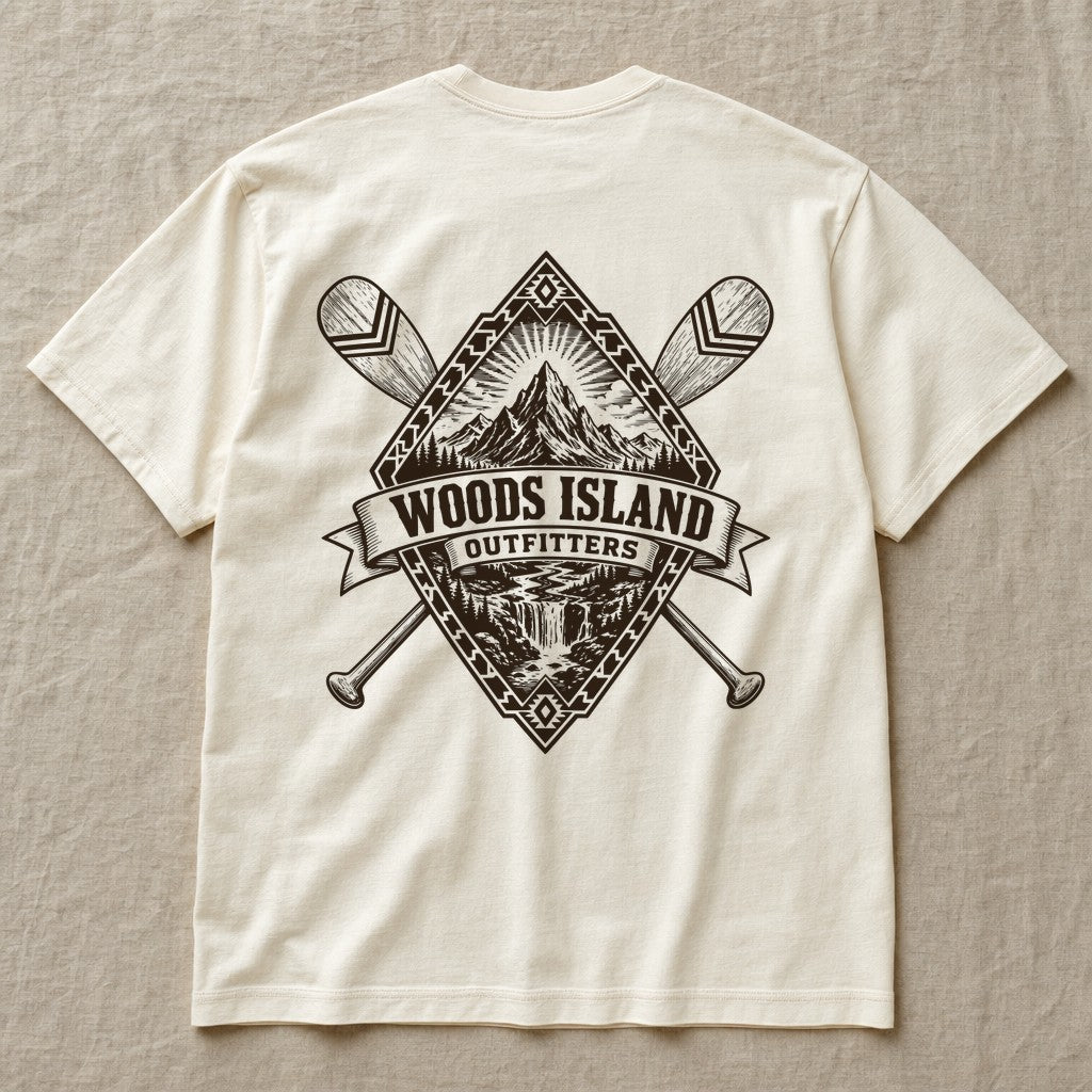 Summit Sunburst crest on the back of an ivory Woods Island Outfitters tee