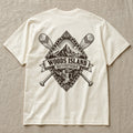 Summit Sunburst crest on the back of an ivory Woods Island Outfitters tee