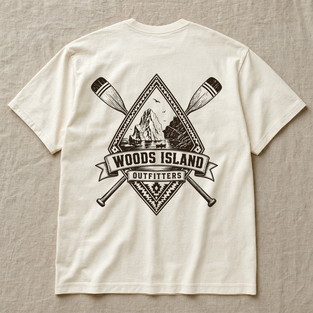 Iceberg crest on the back of an ivory Woods Island Outfitters tee