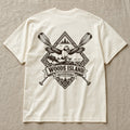 Atlantic Puffin crest on the back of an ivory Woods Island Outfitters tee