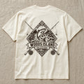 Atlantic Salmon crest on the back of an ivory Woods Island Outfitters tee