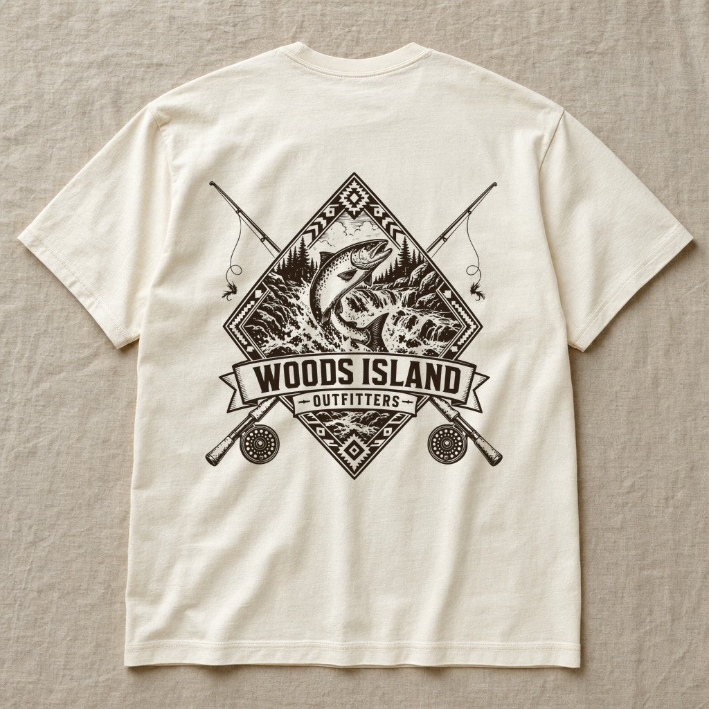 Atlantic Salmon crest on the back of an ivory Woods Island Outfitters tee