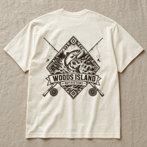 Atlantic Salmon crest on the back of an ivory Woods Island Outfitters tee