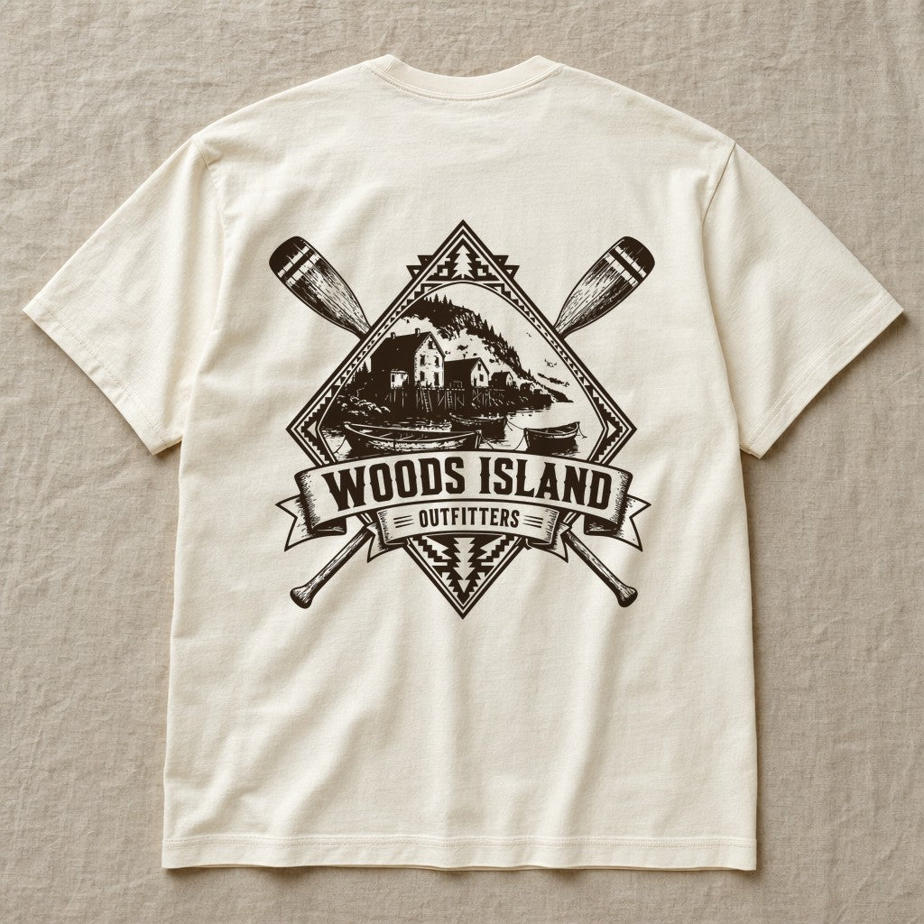 Outport crest on the back of an ivory Woods Island Outfitters tee