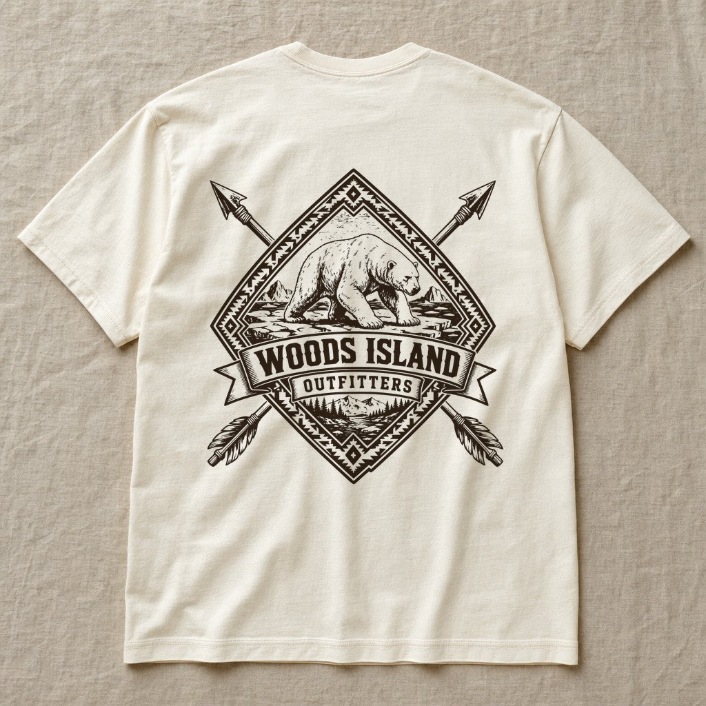 Polar Bear crest on the back of an ivory Woods Island Outfitters tee