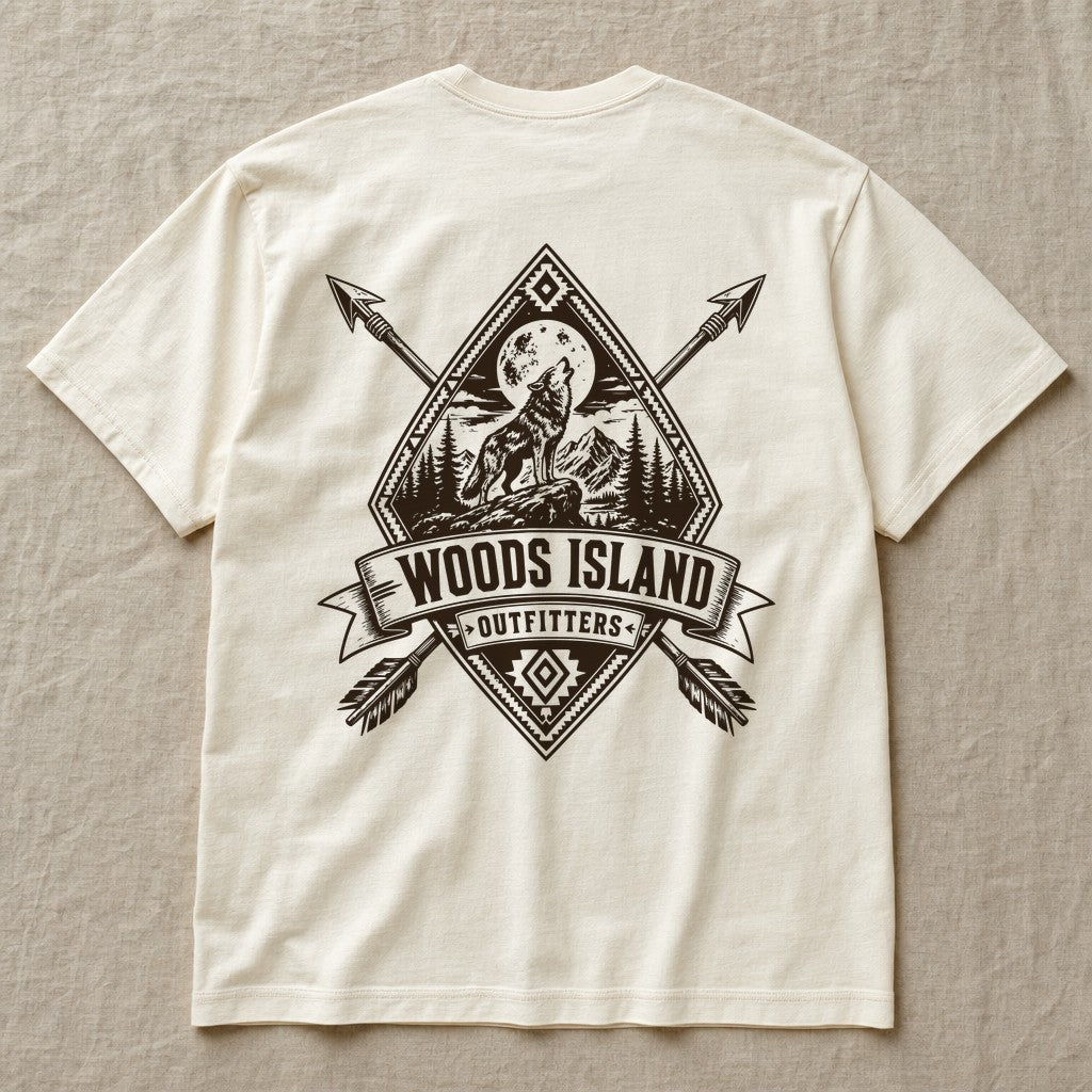Wolf Ridge crest on the back of an ivory Woods Island Outfitters tee