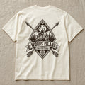 Wolf Ridge crest on the back of an ivory Woods Island Outfitters tee