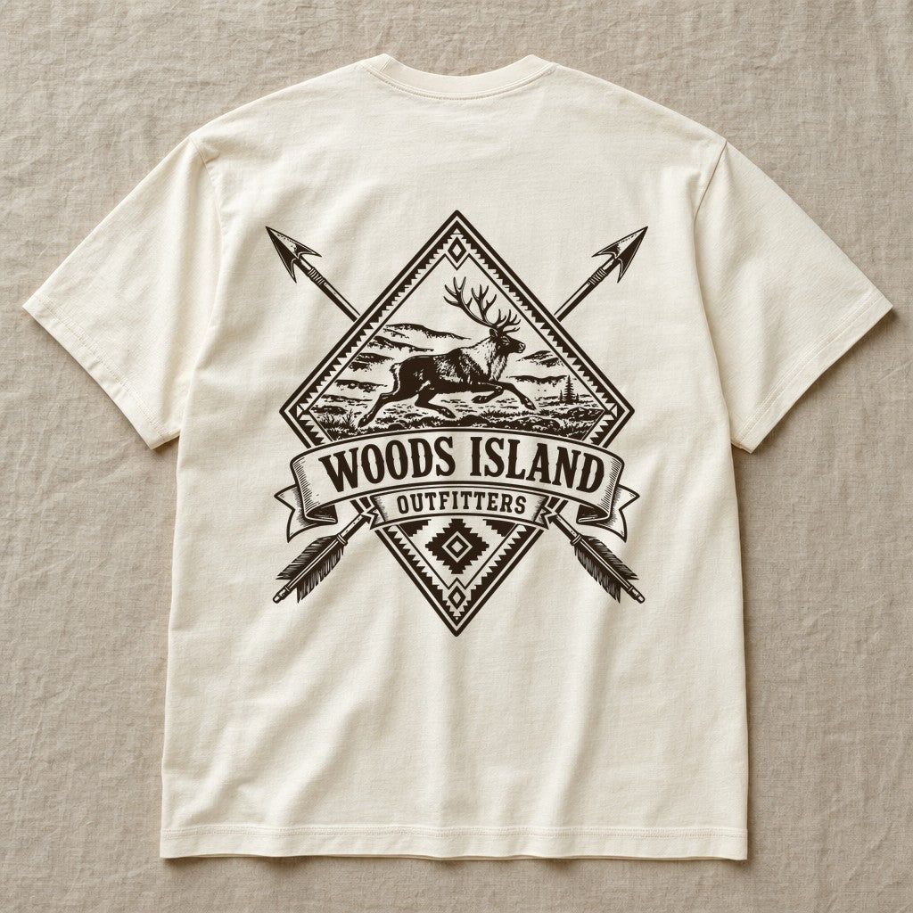 Woodland Caribou crest on the back of an ivory Woods Island Outfitters tee