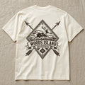 Woodland Caribou crest on the back of an ivory Woods Island Outfitters tee