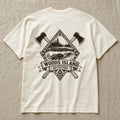 Beaver crest on the back of an ivory Woods Island Outfitters tee