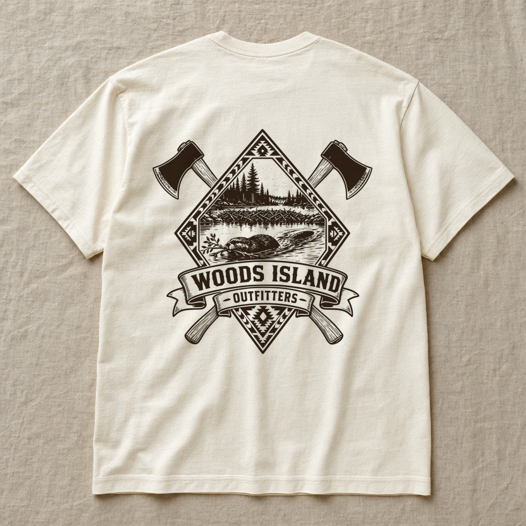 Beaver crest on the back of an ivory Woods Island Outfitters tee
