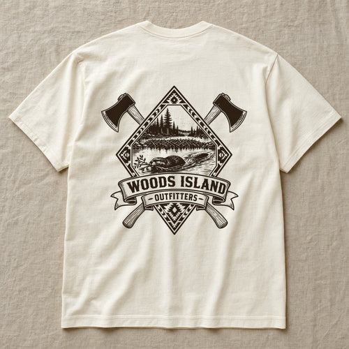 Beaver crest on the back of an ivory Woods Island Outfitters tee