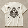 Portage crest on the back of an ivory Woods Island Outfitters tee