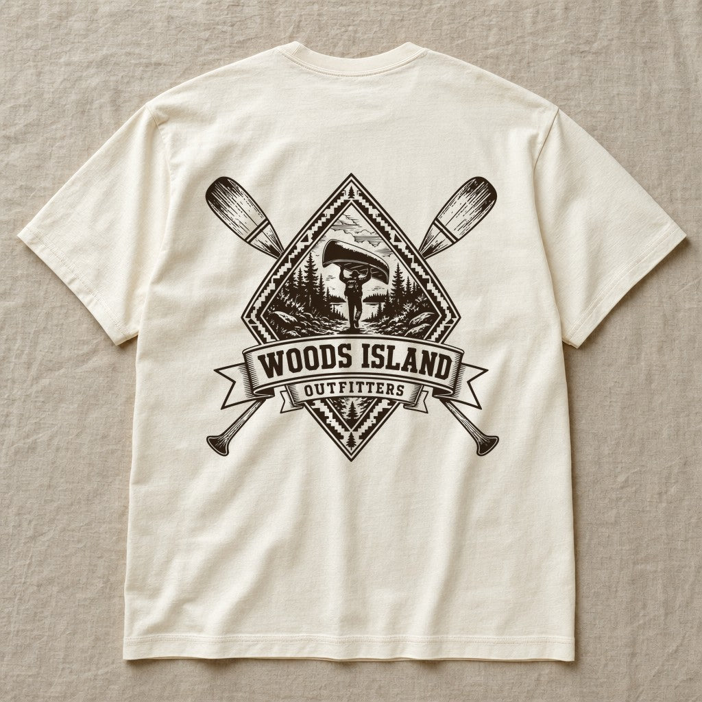 Portage crest on the back of an ivory Woods Island Outfitters tee