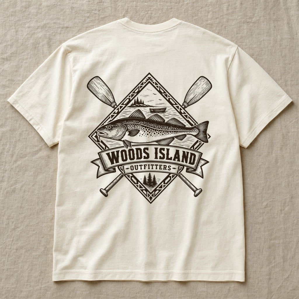Atlantic Cod crest on the back of an ivory Woods Island Outfitters tee