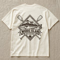 Atlantic Cod crest on the back of an ivory Woods Island Outfitters tee