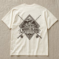 Arctic Char crest on the back of an ivory Woods Island Outfitters tee