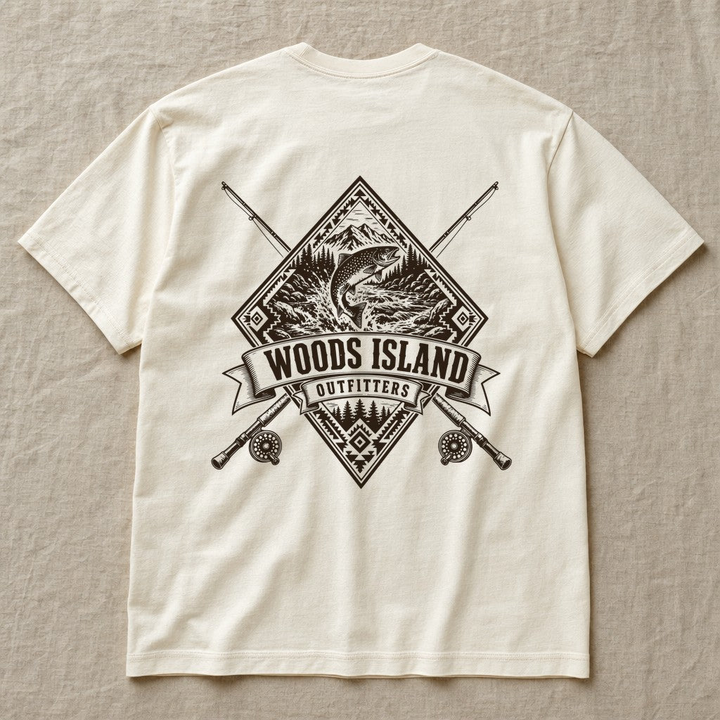 Arctic Char crest on the back of an ivory Woods Island Outfitters tee