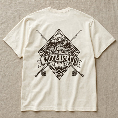 Arctic Char crest on the back of an ivory Woods Island Outfitters tee