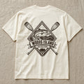 Atlantic Mackerel crest on the back of an ivory Woods Island Outfitters tee
