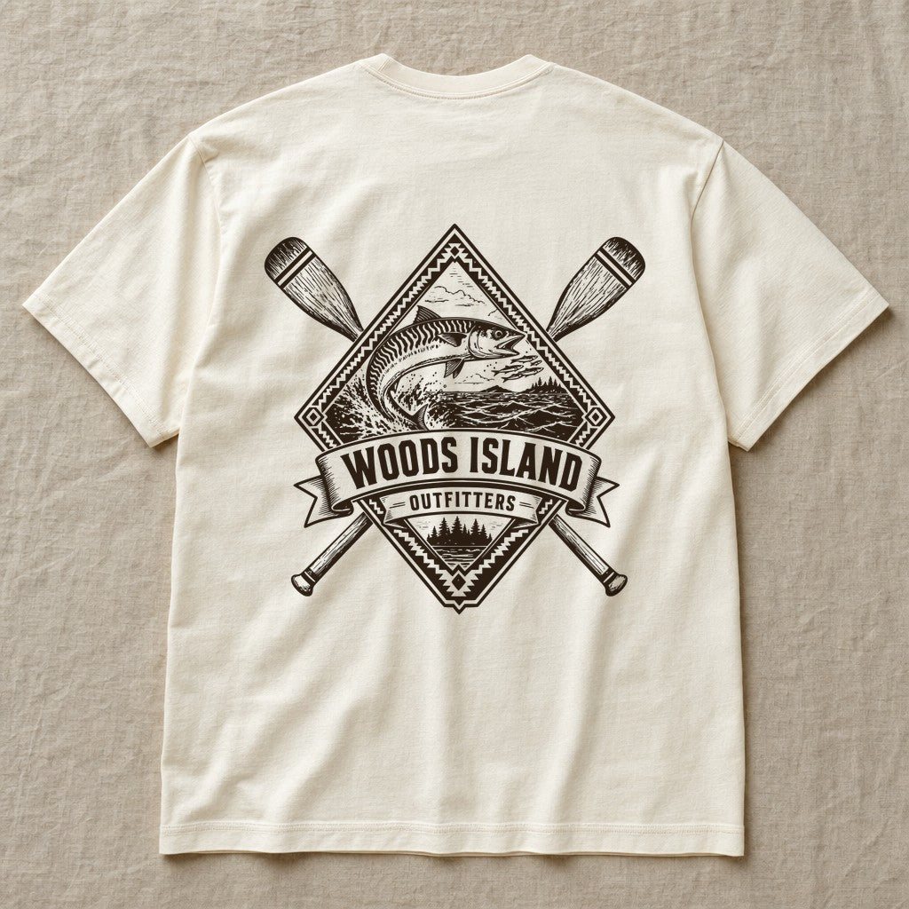 Atlantic Mackerel crest on the back of an ivory Woods Island Outfitters tee