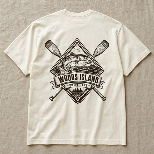 Atlantic Mackerel crest on the back of an ivory Woods Island Outfitters tee