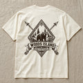 Black Bear crest on the back of an ivory Woods Island Outfitters tee