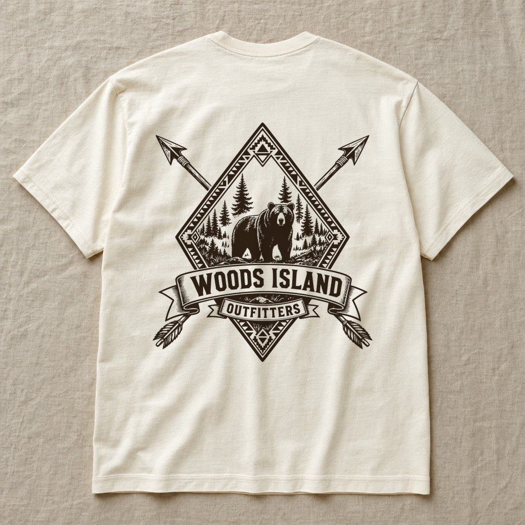 Black Bear crest on the back of an ivory Woods Island Outfitters tee