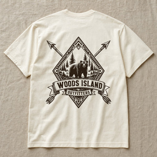 Black Bear crest on the back of an ivory Woods Island Outfitters tee
