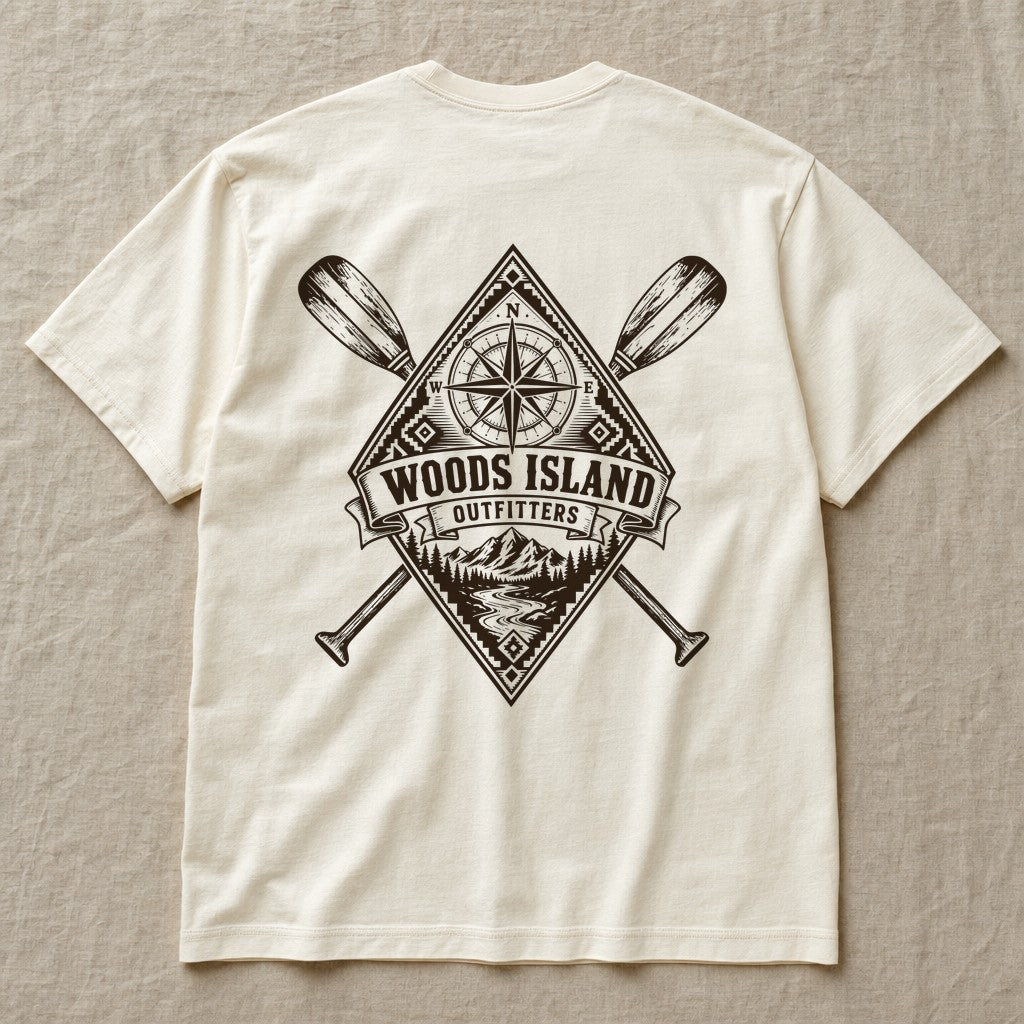 Compass crest on the back of an ivory Woods Island Outfitters tee