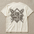 Canada Lynx crest on the back of an ivory Woods Island Outfitters tee