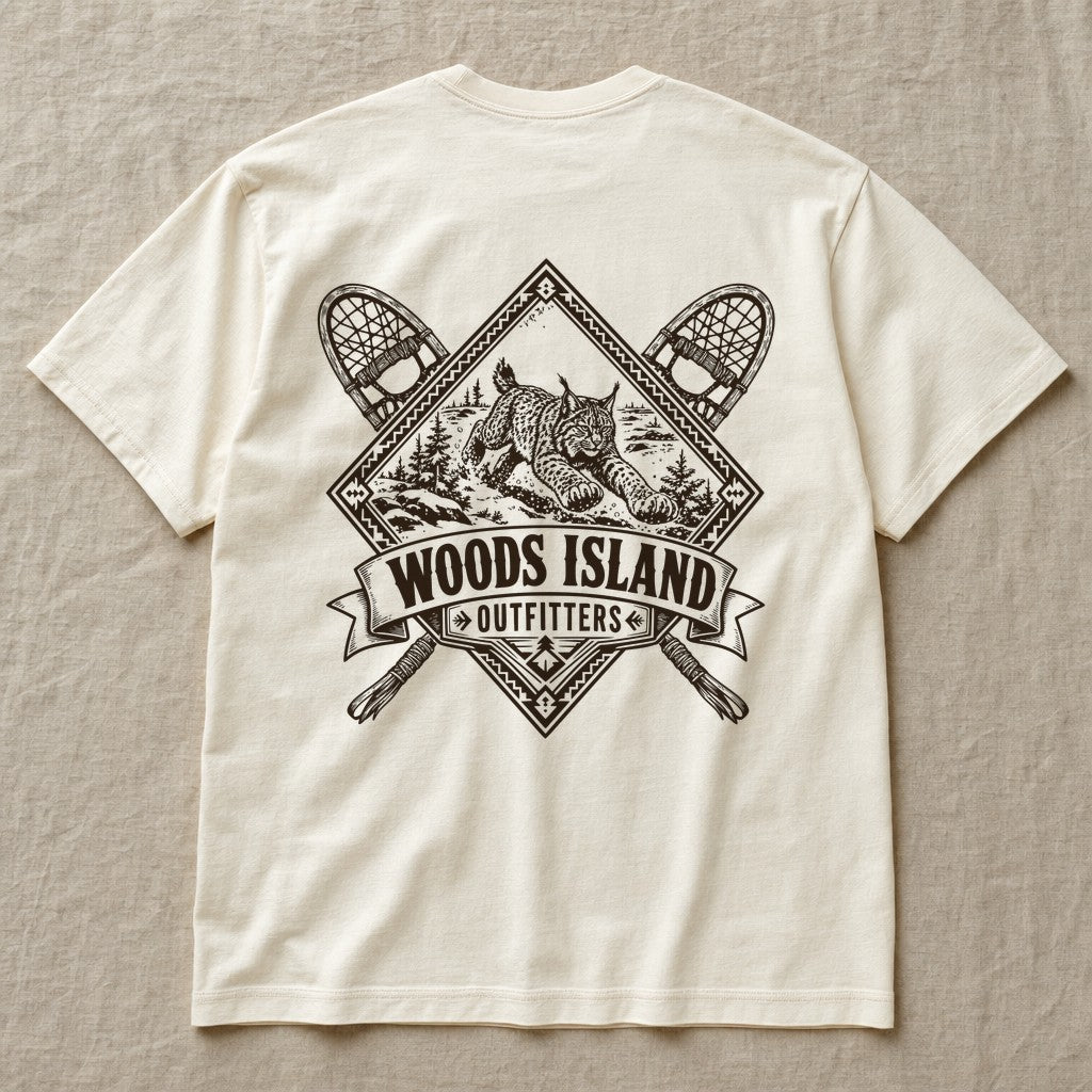 Canada Lynx crest on the back of an ivory Woods Island Outfitters tee