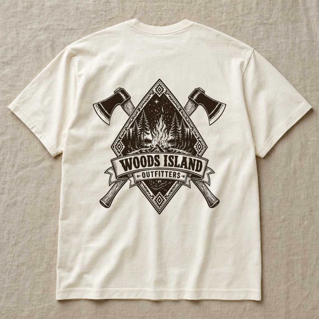 Campfire crest on the back of an ivory Woods Island Outfitters tee