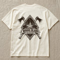 Campfire crest on the back of an ivory Woods Island Outfitters tee