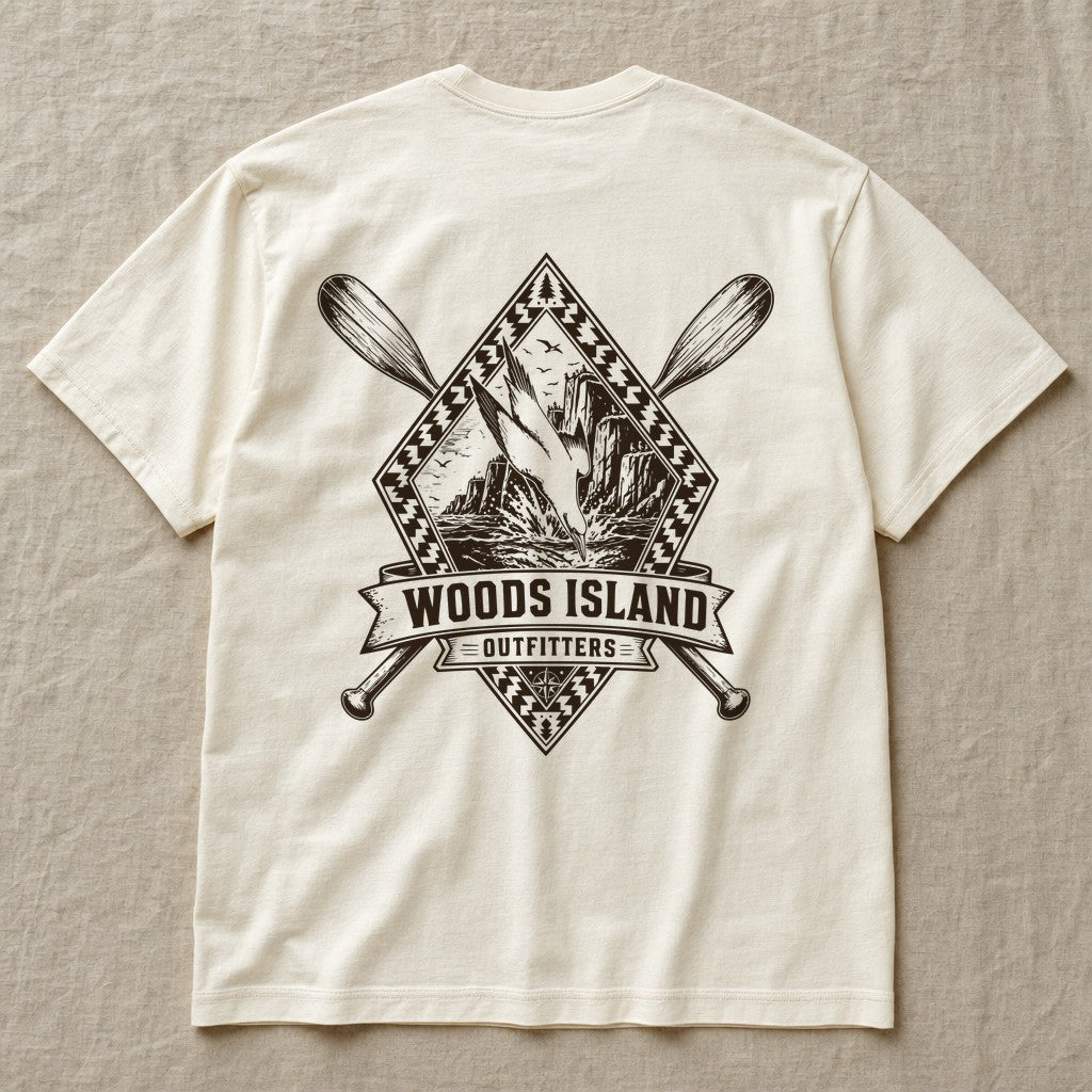 Northern Gannet crest on the back of an ivory Woods Island Outfitters tee