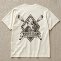 Northern Gannet crest on the back of an ivory Woods Island Outfitters tee