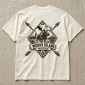 Bull Moose crest on the back of an ivory Woods Island Outfitters tee