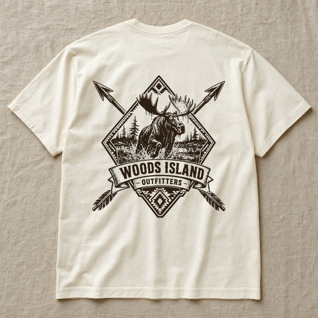 Bull Moose crest on the back of an ivory Woods Island Outfitters tee