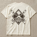 Fjord crest on the back of an ivory Woods Island Outfitters tee