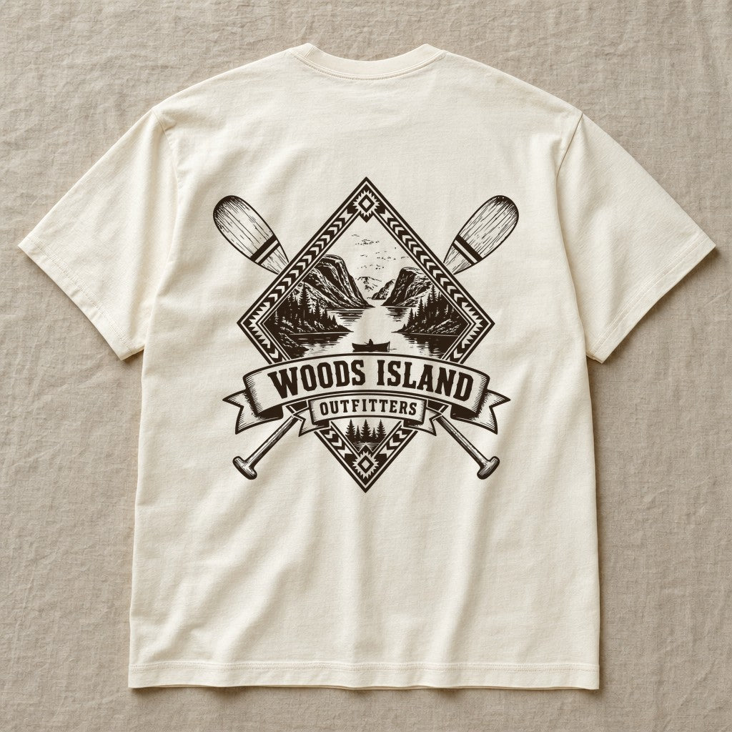 Fjord crest on the back of an ivory Woods Island Outfitters tee