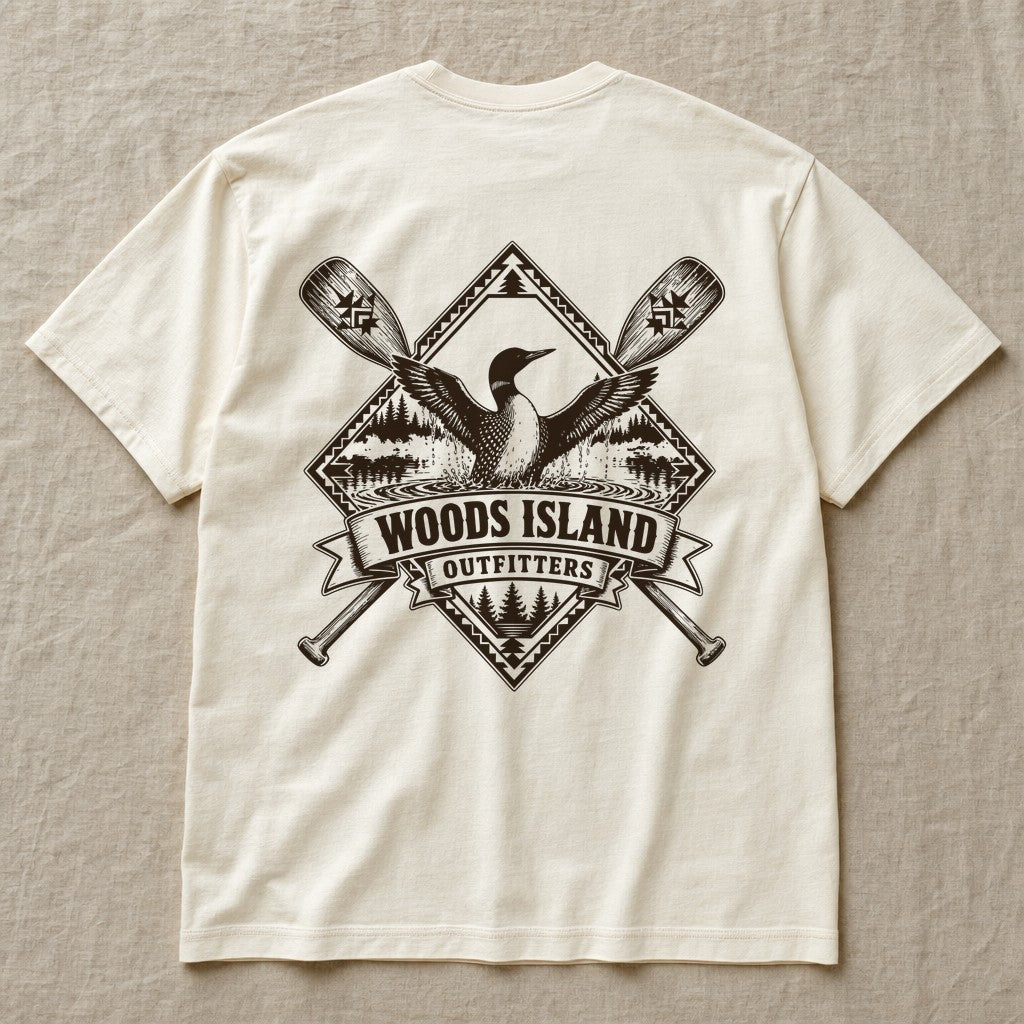 Common Loon crest on the back of an ivory Woods Island Outfitters tee