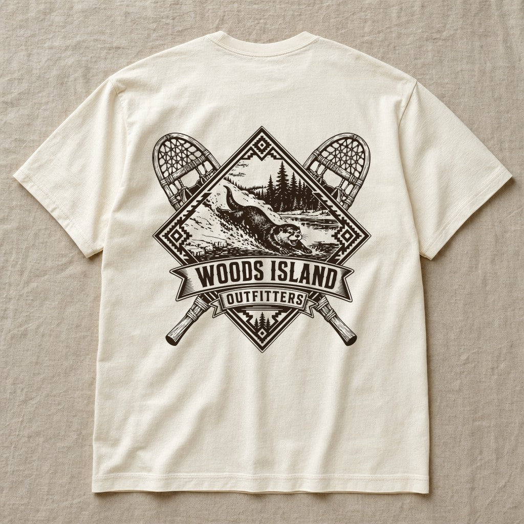 River Otter crest on the back of an ivory Woods Island Outfitters tee