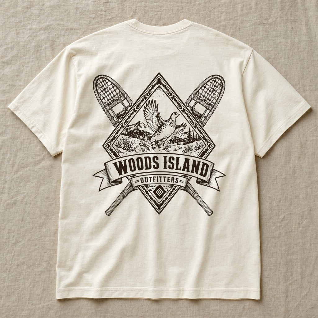Willow Ptarmigan crest on the back of an ivory Woods Island Outfitters tee