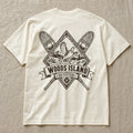 Willow Ptarmigan crest on the back of an ivory Woods Island Outfitters tee