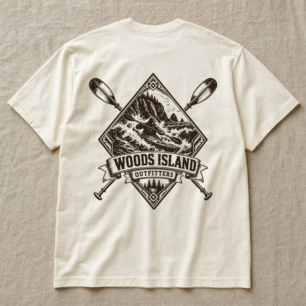 Kayak crest on the back of an ivory Woods Island Outfitters tee