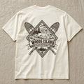 Snowshoe Hare crest on the back of an ivory Woods Island Outfitters tee
